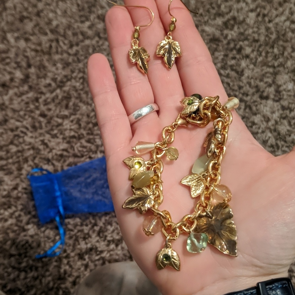 Leaf bejeweled bracelet and earrings